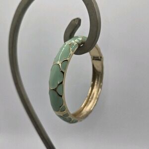 Mint Green Gold Tone Flower Enamel Hinged Bangle Bracelet Geometric Pattern Mod